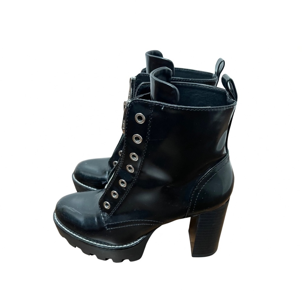 Zara Faux Patent Leather Black Moto Preppy Platform Mid Ankle  Boots Size 8